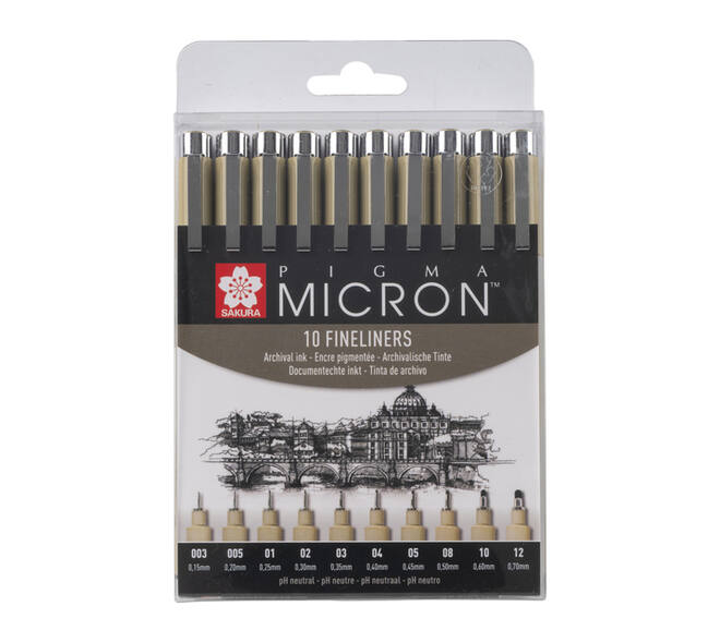 Fineliner Sakura Pigma Micron set à 10 schrijfbreedtes zwart