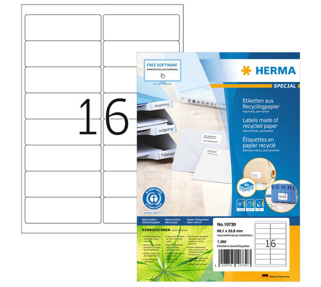Etiket HERMA recycling 10730 99.1x33.8mm wit 1280 stuks
