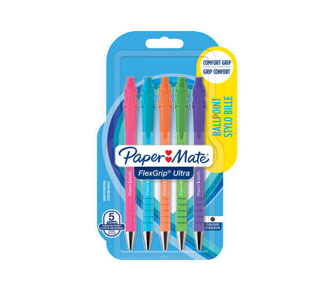 Balpen Paper Mate Flexgrip drukknop Bright fun M assorti blister à 5st