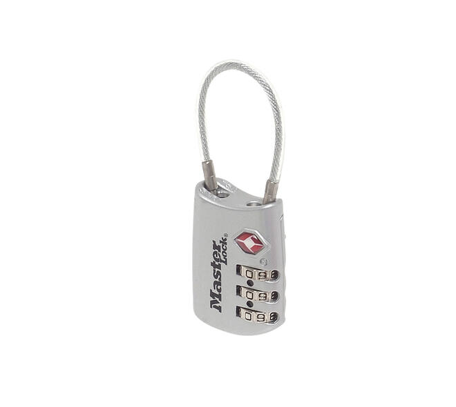 Hangslot Masterlock 3-cijfer combinatie TSA met kabel assorti in willekeurige kleur 30mm