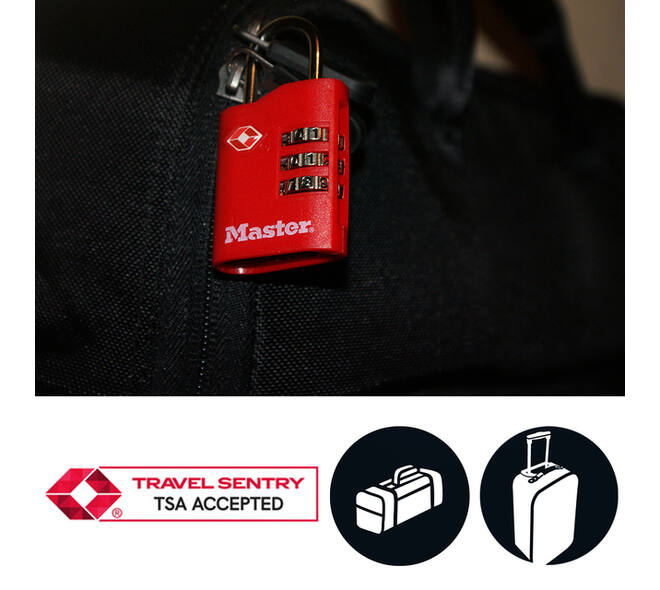 Hangslot Masterlock 3-cijfer combi TSA set van 2 sloten assorti in willekeurige kleur 30mm 2 stuks