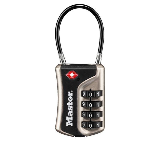 Hangslot Masterlock 4-cijfer combinatie TSA flexibele beugel zwart 35mm