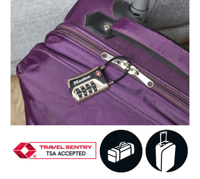 Hangslot Masterlock 4-cijfer combinatie TSA flexibele beugel zwart 35mm