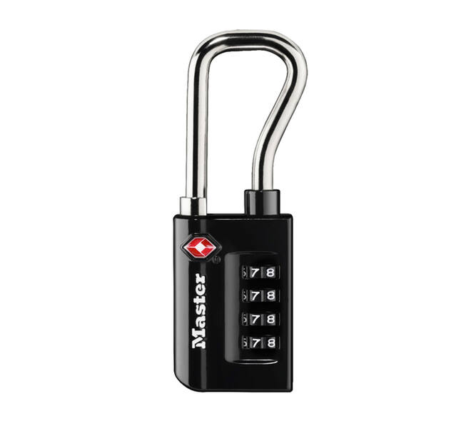 Hangslot Masterlock 4-cijfer combinatie TSA lange beugel zwart 35mm
