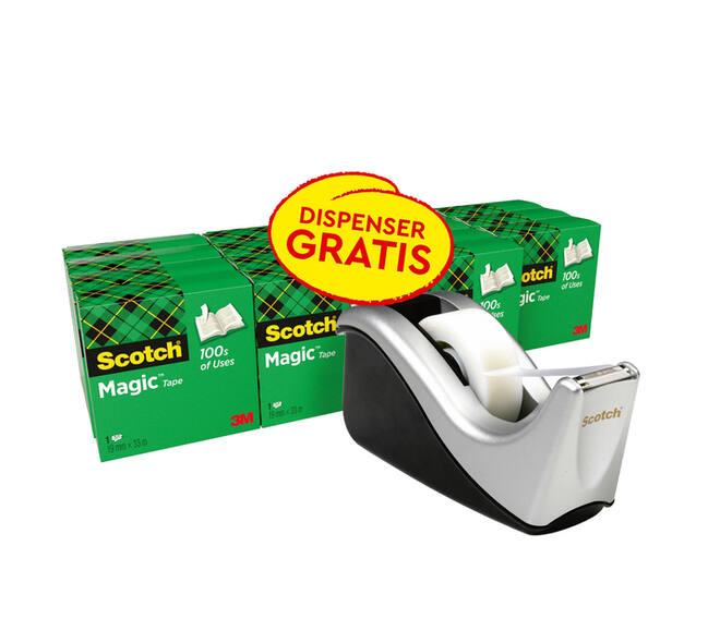 Plakband Scotch Magic 819 19mmx33m mat + plakbandhouder zilver 16 rollen