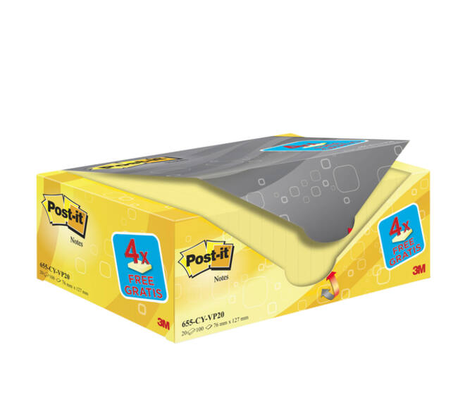 Memoblok 3M Post-it 655 76x127mm geel 16 + 4 gratis