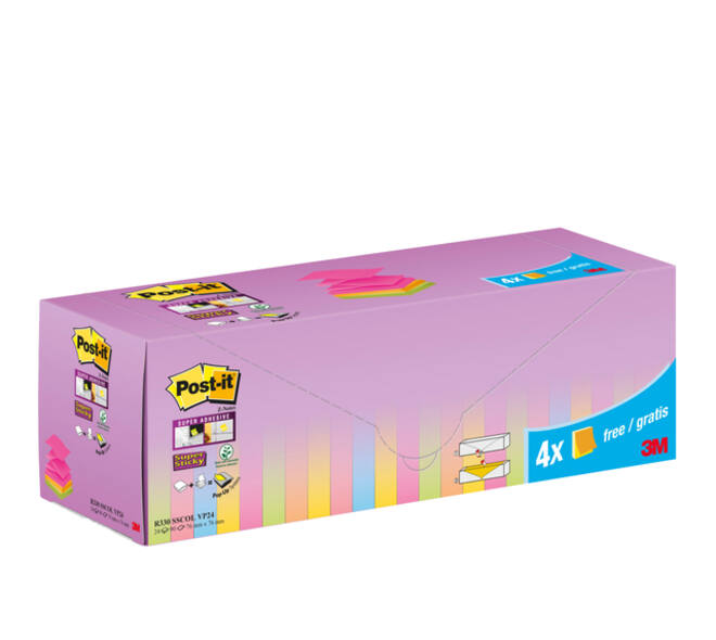 Memoblok 3M Post-it Z-Note R330 Super Sticky 76x76mm assorti kleur 20 + 4 gratis