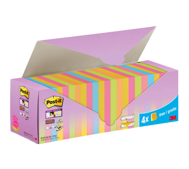 Memoblok 3M Post-it Z-Note R330 Super Sticky 76x76mm assorti kleur 20 + 4 gratis