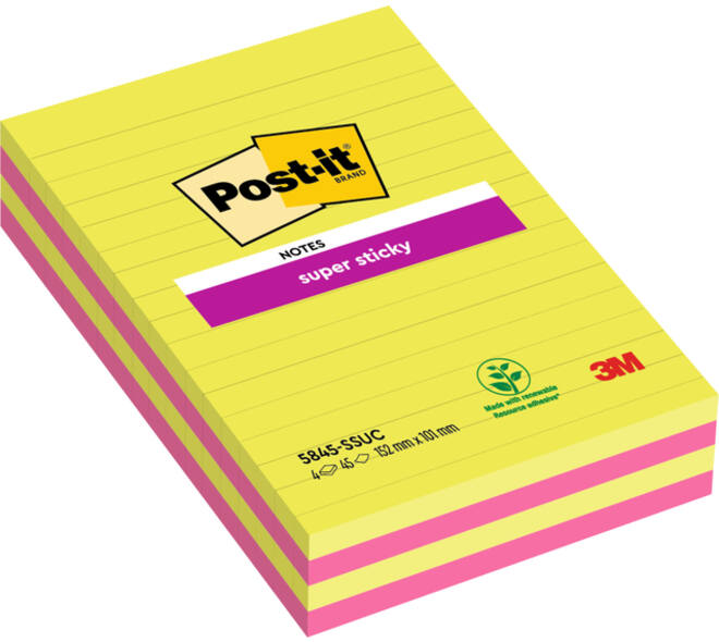 Memoblok 3M Post-it 584 127x203mm Super Sticky lijn assorti kleur 4 stuks