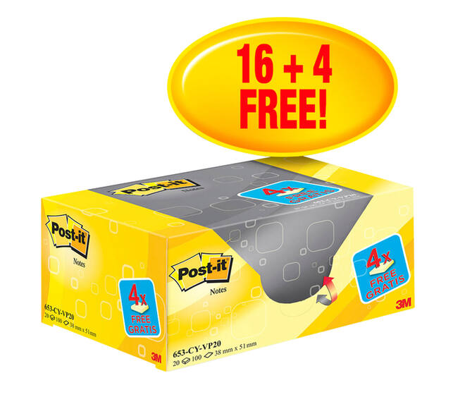 Memoblok 3M Post-it 653 38x51mm geel 16 + 4 gratis