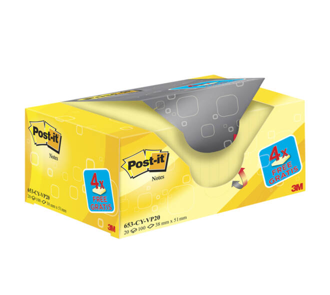 Memoblok 3M Post-it 653 38x51mm geel 16 + 4 gratis