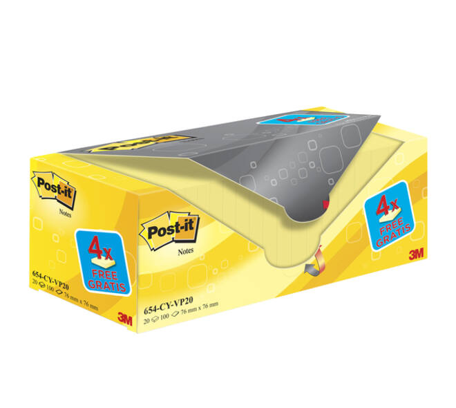 Memoblok 3M Post-it 654 76x76mm geel 16 + 4 gratis