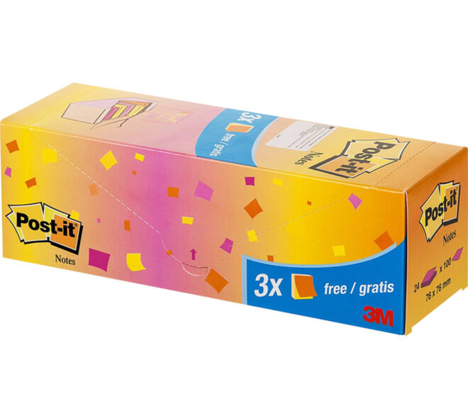 Memoblok 3M Post-it 654 76x76mm neon assorti 21 + 3 gratis