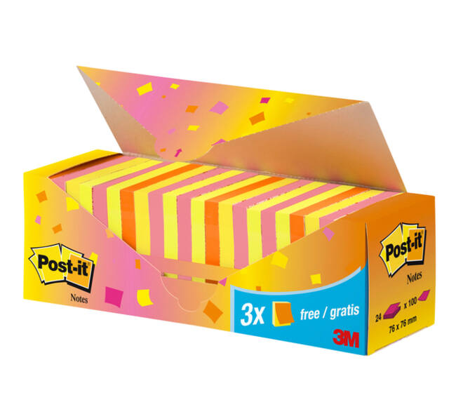 Memoblok 3M Post-it 654 76x76mm neon assorti 21 + 3 gratis
