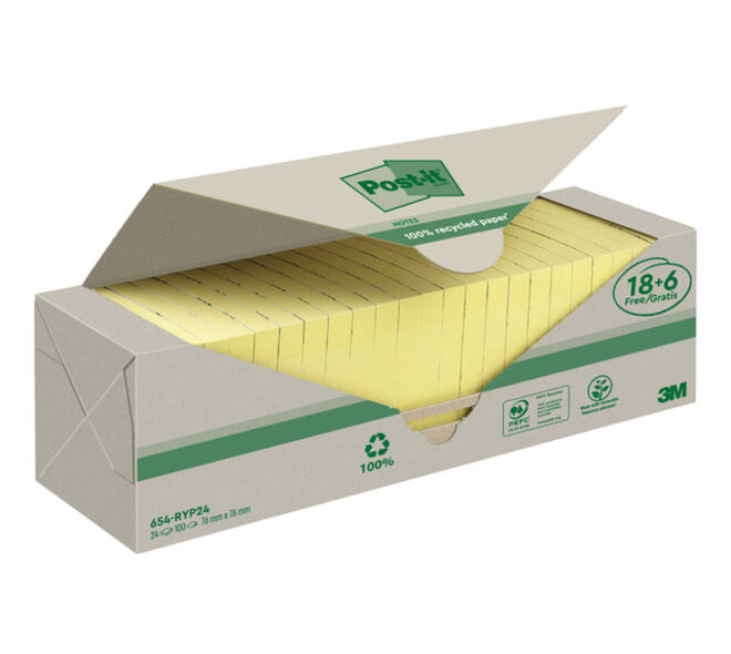 Memoblok 3M Post-it 654 76x76mm recycle geel 18 + 6 gratis