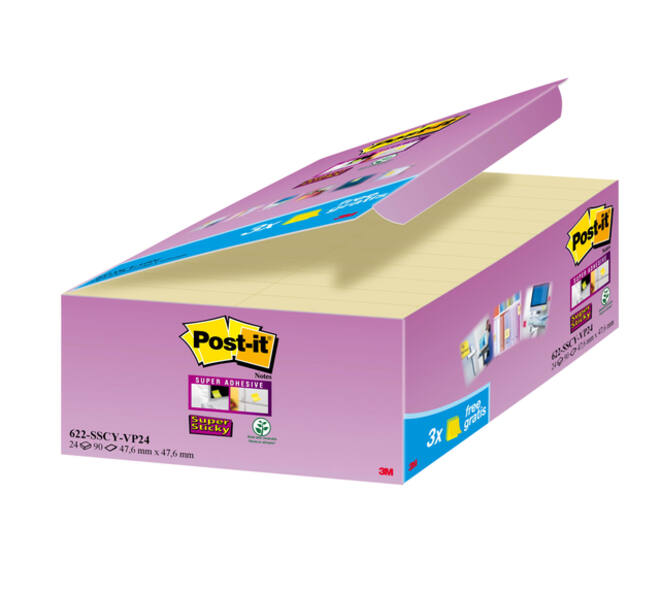 Memoblok 3M Post-it 622 Super Sticky 47.6x47.6mm geel 21 + 3 gratis