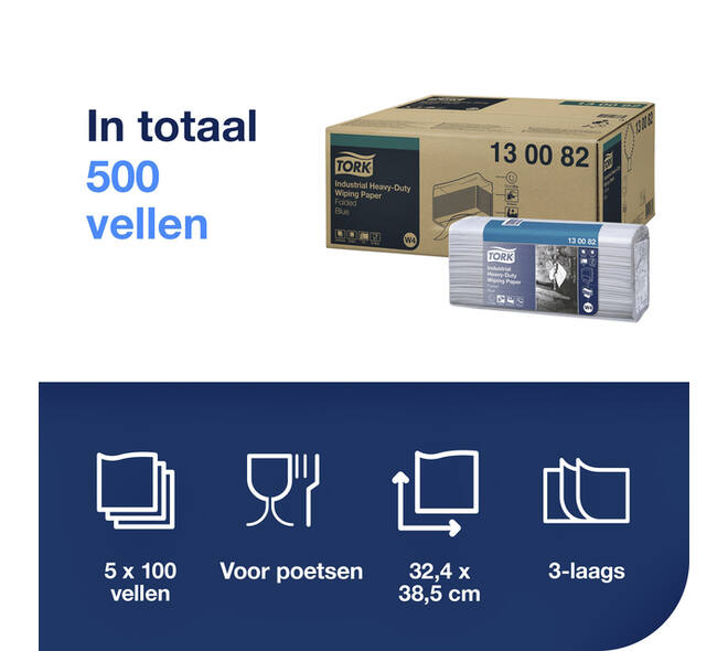 Reinigingsdoek Tork W4 Premium Industrial Heavy-Duty gevouwen 3-laags 5x100 vel blauw 130082