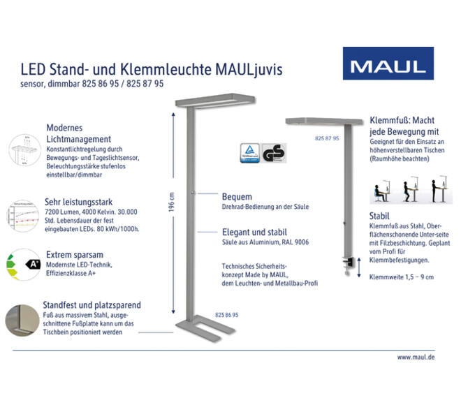 Werkpleklamp tafelklem MAUL Juvis LED beweging- daglichtsensor dimbaar hg 120cm zilver