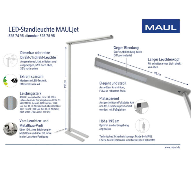 Vloerlamp MAUL Jet LED dimbaar hg 195 cm zilver