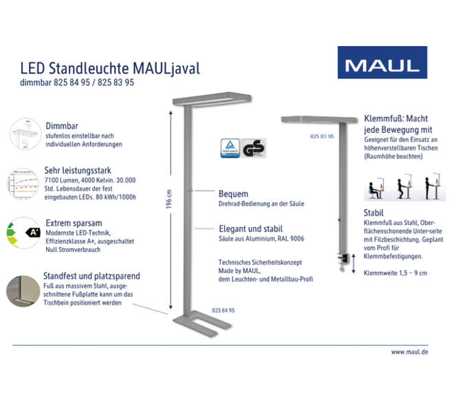 Werkplek tafelklem MAUL Javal LED dimbaar hg 120cm zilver