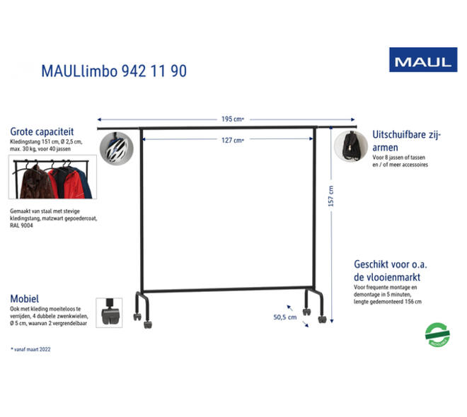 Garderoberek MAUL Limbo 156x127(tot 220)x50cm mobiel (zijarmen)
