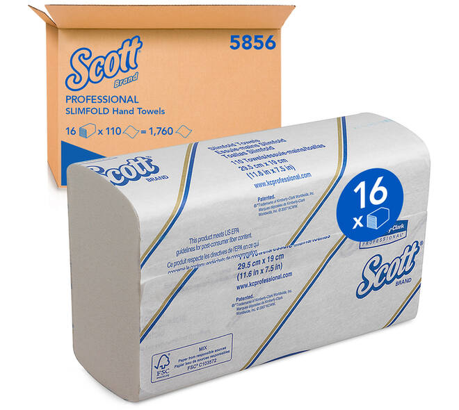 Handdoek Scott Slimfold m-vouw 1-laags 190x300mm 16x110 vel wit 5856