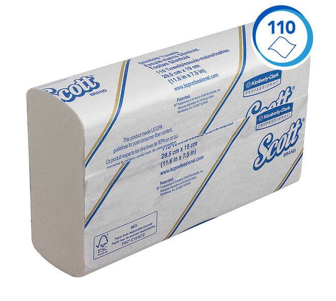 Handdoek Scott Slimfold m-vouw 1-laags 190x300mm 16x110 vel wit 5856