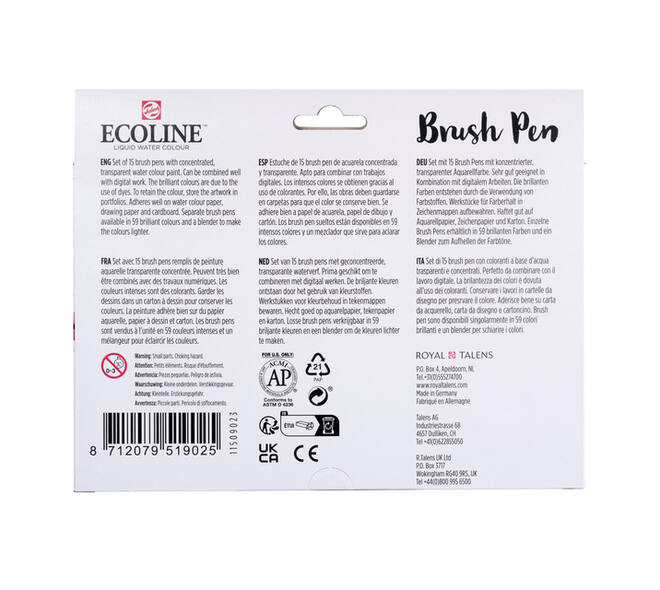 Brushpen Talens Ecoline set à 15 stuks assorti