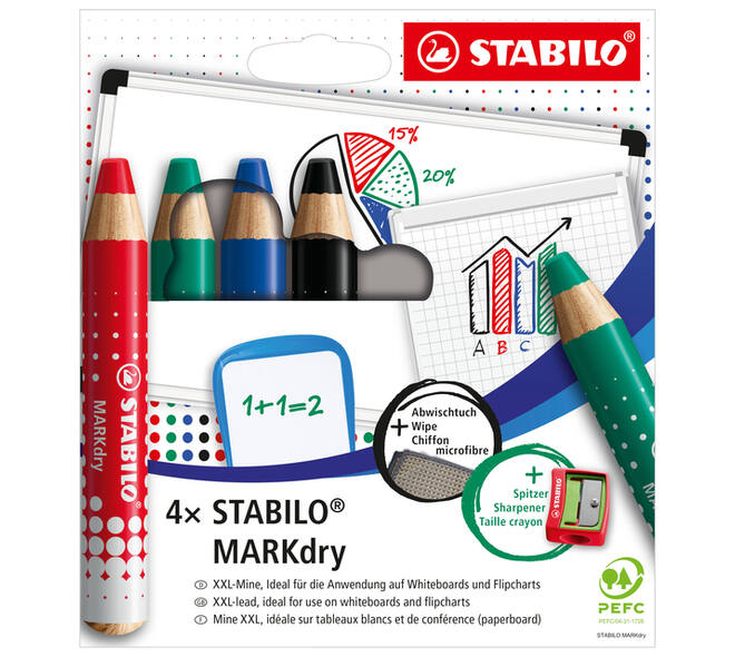 Whiteboardpotlood STABILO MARKdry 648/4 + slijper-microvezel ass 4st