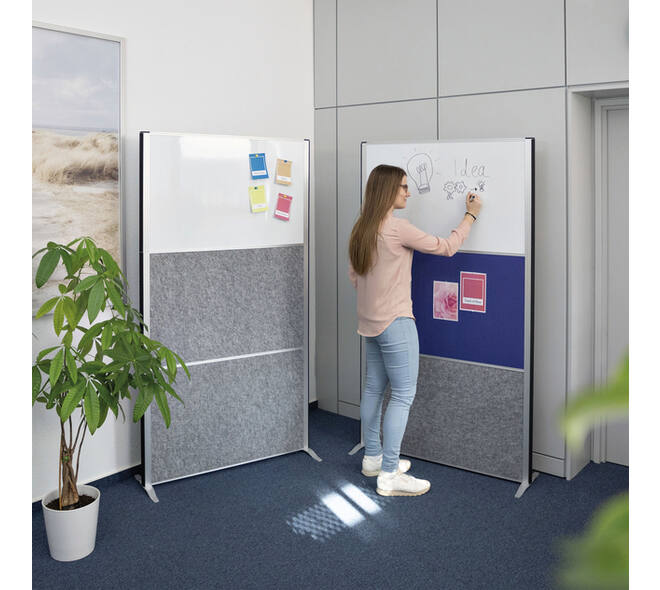 Scheidingswand MAUL akoestiek 100x180 2xdonker- 1xwhiteboard alum.frame op voet