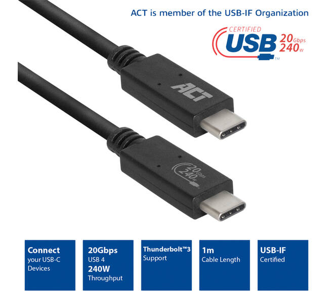 Kabel ACT USB-C USB 4 20Gbps Thunderbolt3 1 meter