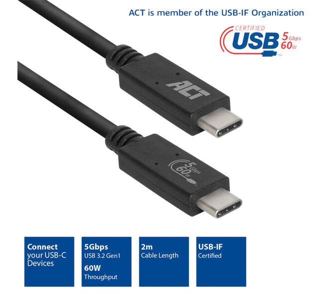 Kabel ACT USB 3.2 USB-C USB-IF gecertificeerd 2 meter