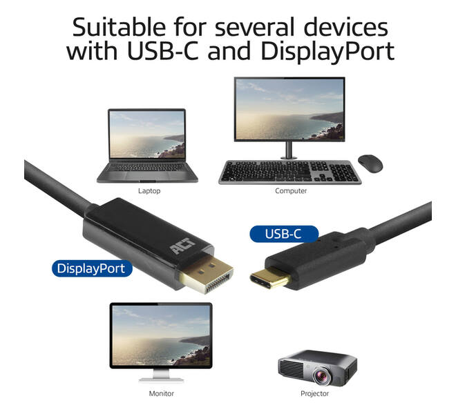 Kabel ACT USB-C naar Displayport 60Hz 2 meter