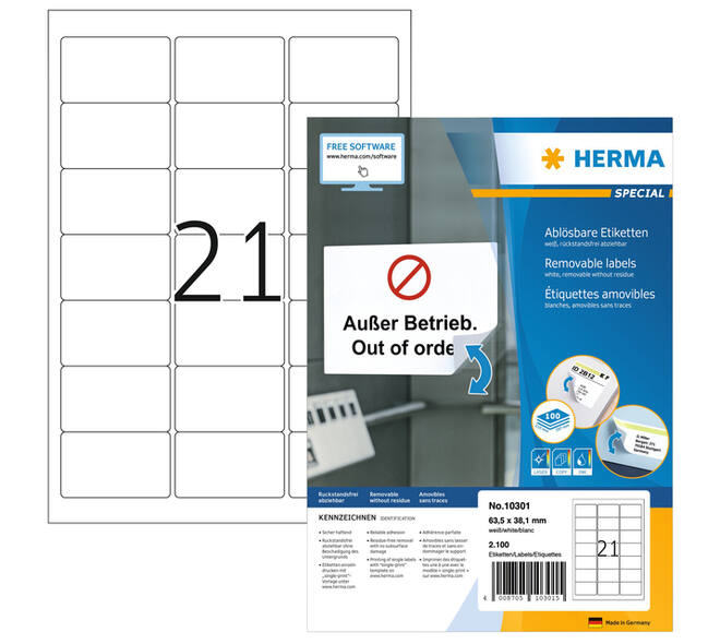 Etiket HERMA 10301 63.5x38.1mm verwijderbaar wit 2100 stuks