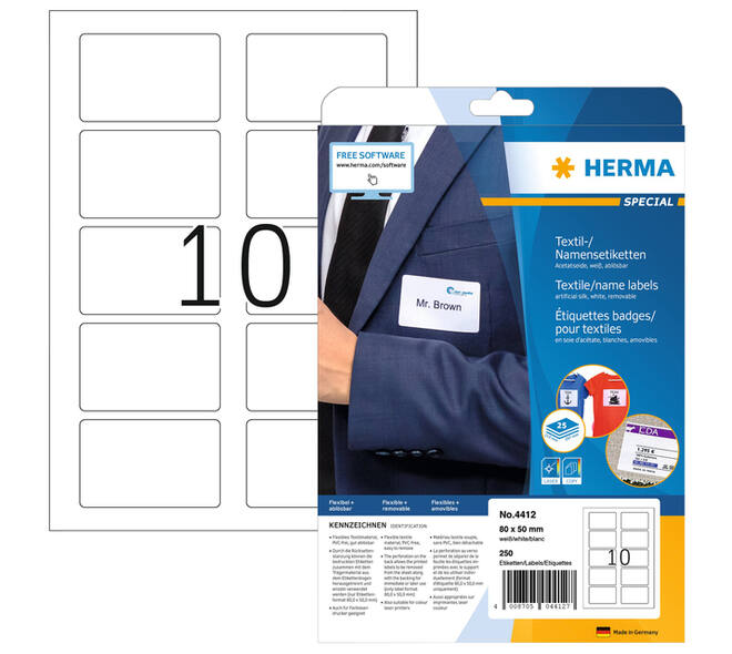 Naambadge etiket HERMA 4412 80x50mm verwijderbaar wit 250 stuks