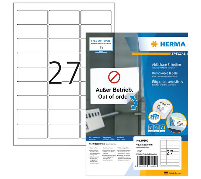 Etiket HERMA 10300 63.5x29.6mm verwijderbaar wit 2700 stuks