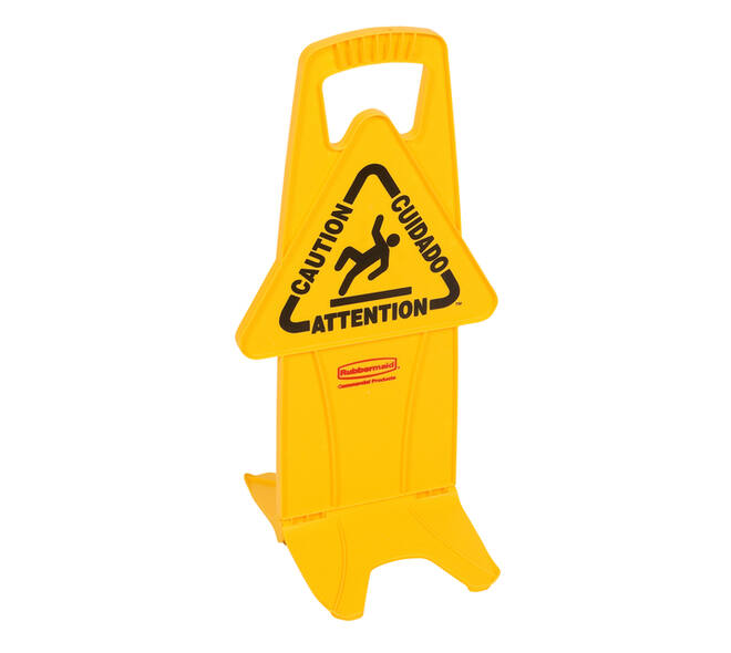 Waarschuwingsbord Rubbermaid tweezijdig meertalig met voet 66cm geel