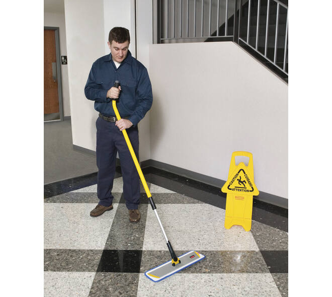 Waarschuwingsbord Rubbermaid tweezijdig meertalig met voet 66cm geel