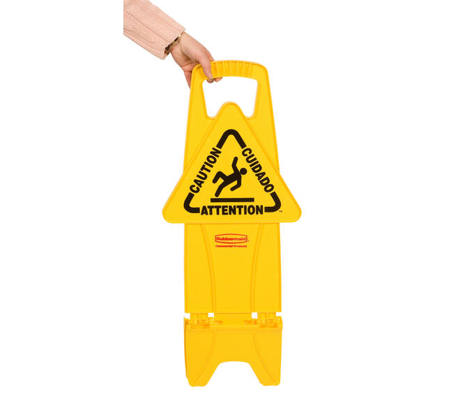 Waarschuwingsbord Rubbermaid tweezijdig meertalig met voet 66cm geel