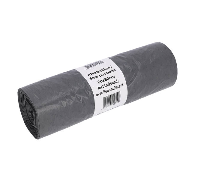 Afvalzak Cleaninq 60x80cm LDPE recycled T30 60L met trekband grijs rol à 25 stuks