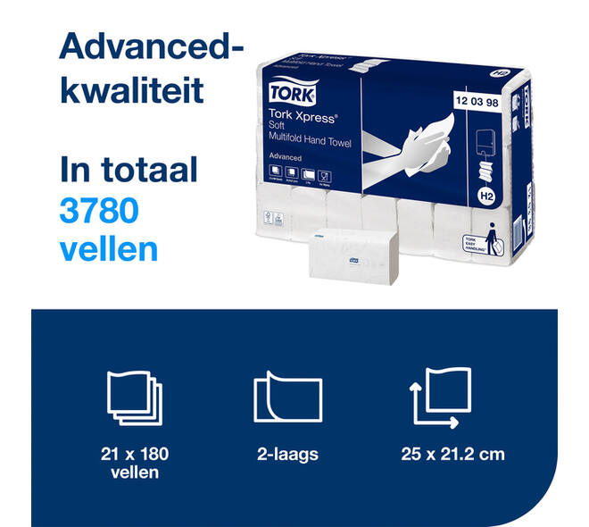 Handdoek Tork H2 Xpress Advanced multifold 2-laags 212x255mm 21x180 vel wit 120398