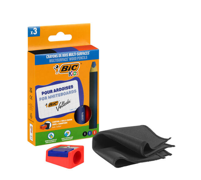 Whiteboardpotlood BicKids Multi Surface + puntenslijper/doekje ass 3st