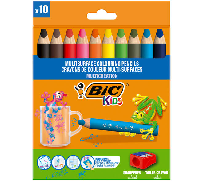 Kleurpotloden BicKids Multi Surface + puntenslijper assorti 10 stuks