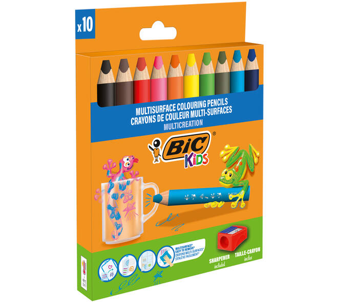 Kleurpotloden BicKids Multi Surface + puntenslijper assorti 10 stuks