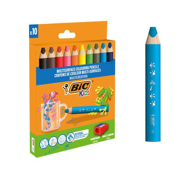 Kleurpotloden BicKids Multi Surface + puntenslijper assorti 10 stuks
