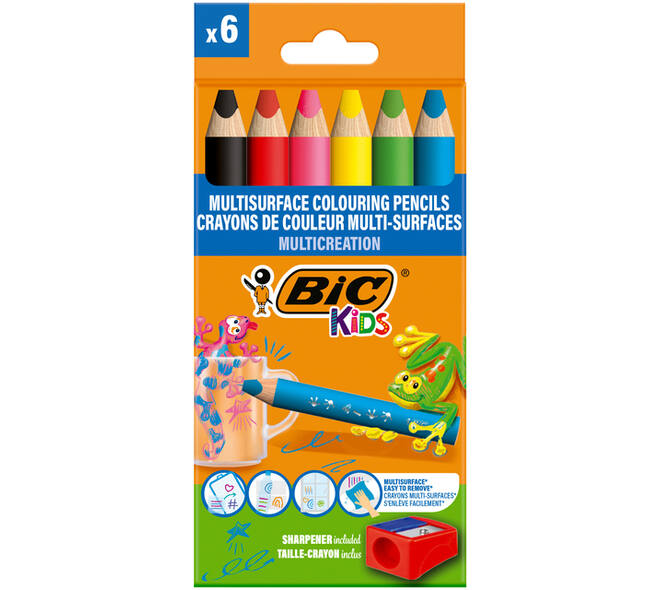 Kleurpotloden BicKids Multi Surface + puntenslijper assorti 6 stuks