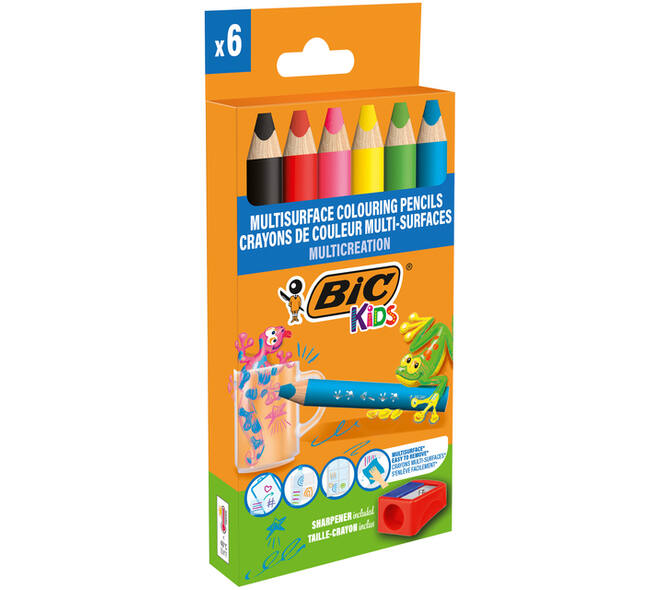Kleurpotloden BicKids Multi Surface + puntenslijper assorti 6 stuks