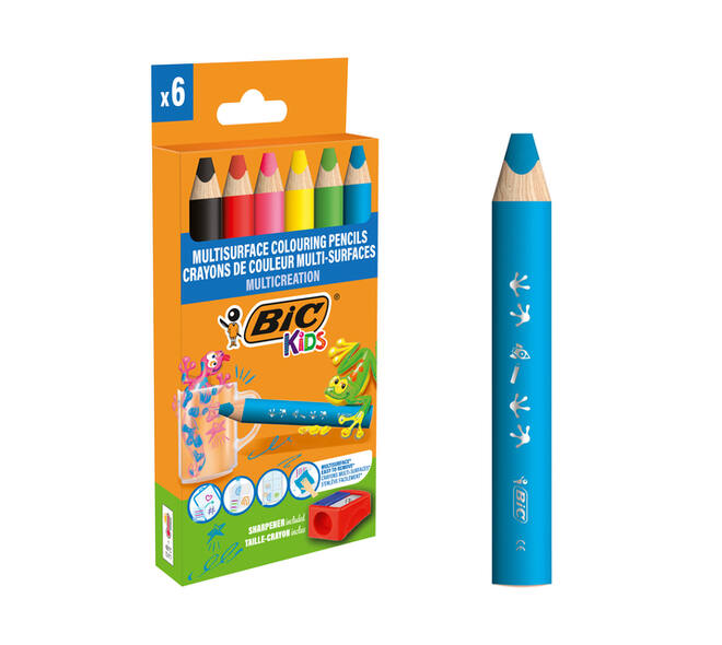 Kleurpotloden BicKids Multi Surface + puntenslijper assorti 6 stuks
