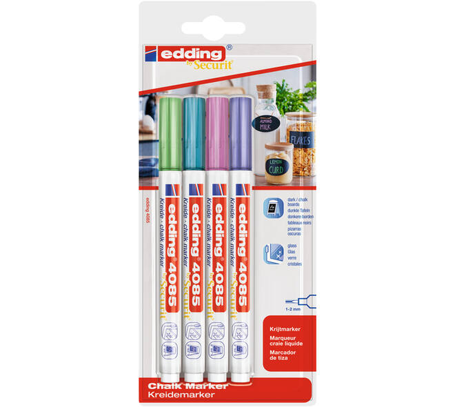 Krijtstift edding 4085 by Securit rond 1-2mm mtl assorti blister à 4st