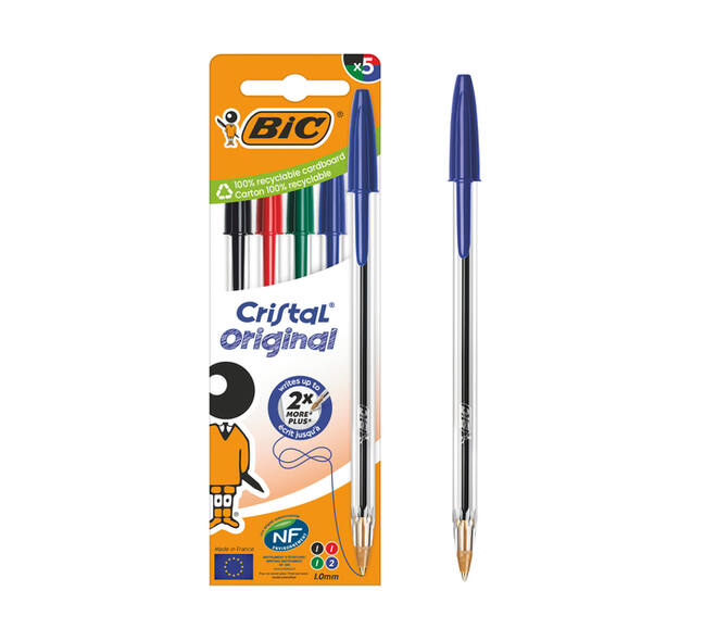 Balpen Bic Cristal medium assorti blister à 5 stuks